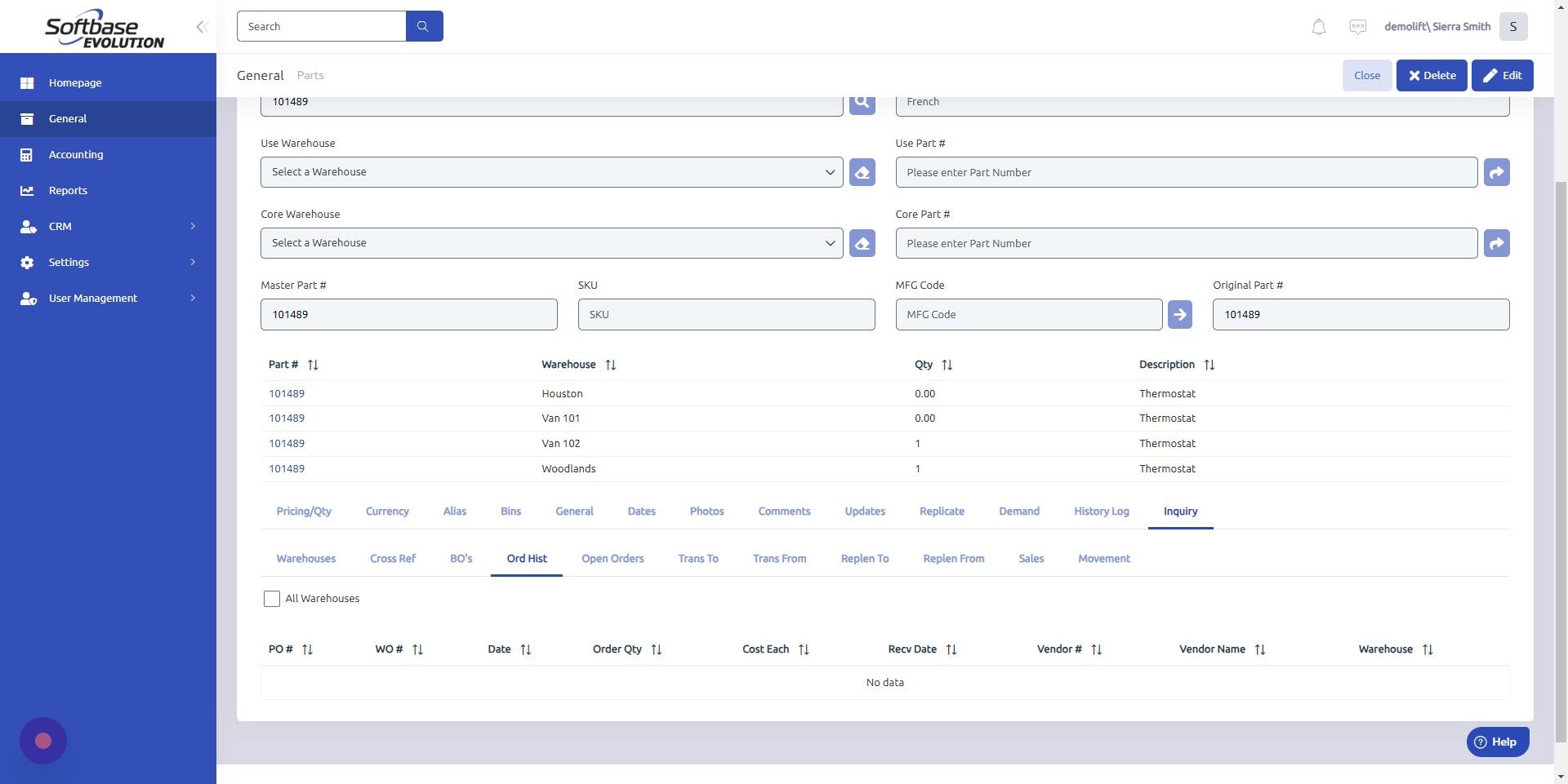 Screenshot of: Ord Hist = purchase order history associated with the part, including: work order, purchase order, quantity, cost, vendor and warehouse part is associated with. 