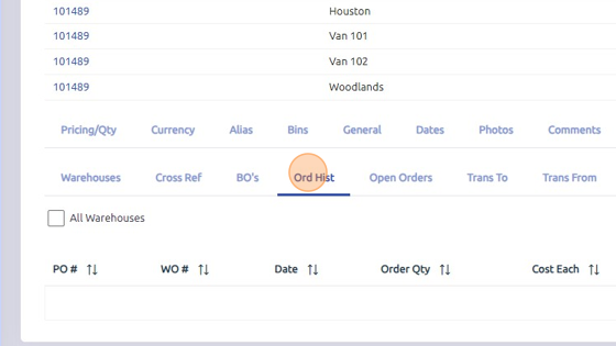 Screenshot of: Ord Hist = purchase order history associated with the part, including: work order, purchase order, quantity, cost, vendor and warehouse part is associated with. 
