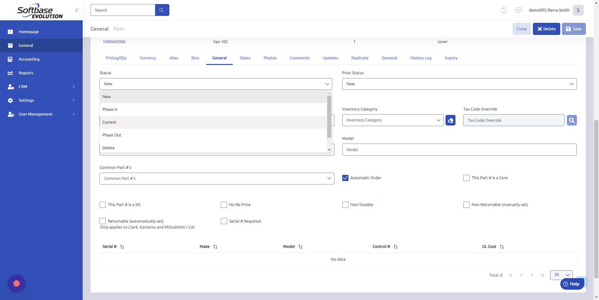 Screenshot of: Select the Status of the Part from the dropdown.
