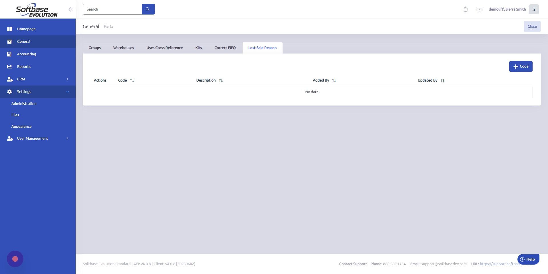 Screenshot of: Click "+Code" to set up a new Lost Sale Reason Code