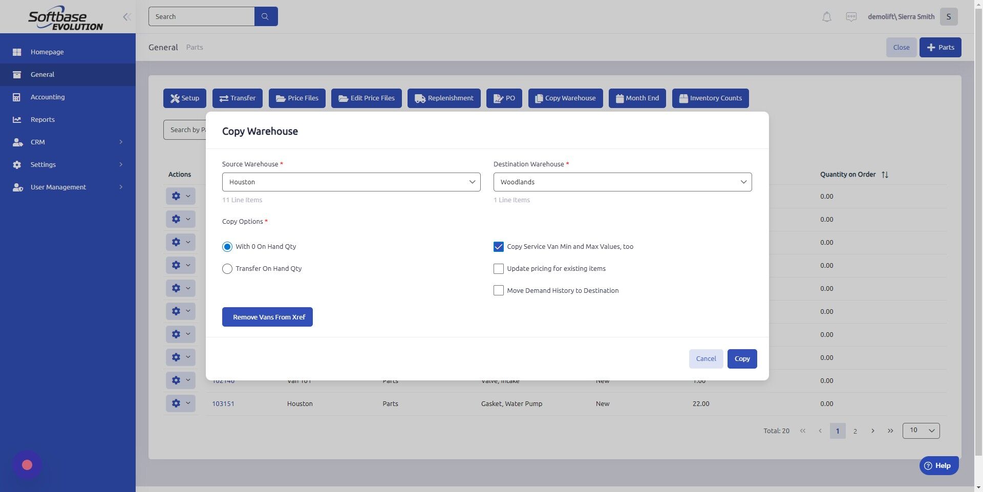 Screenshot of: Click "Copy" to send parts/information to destination warehouse.