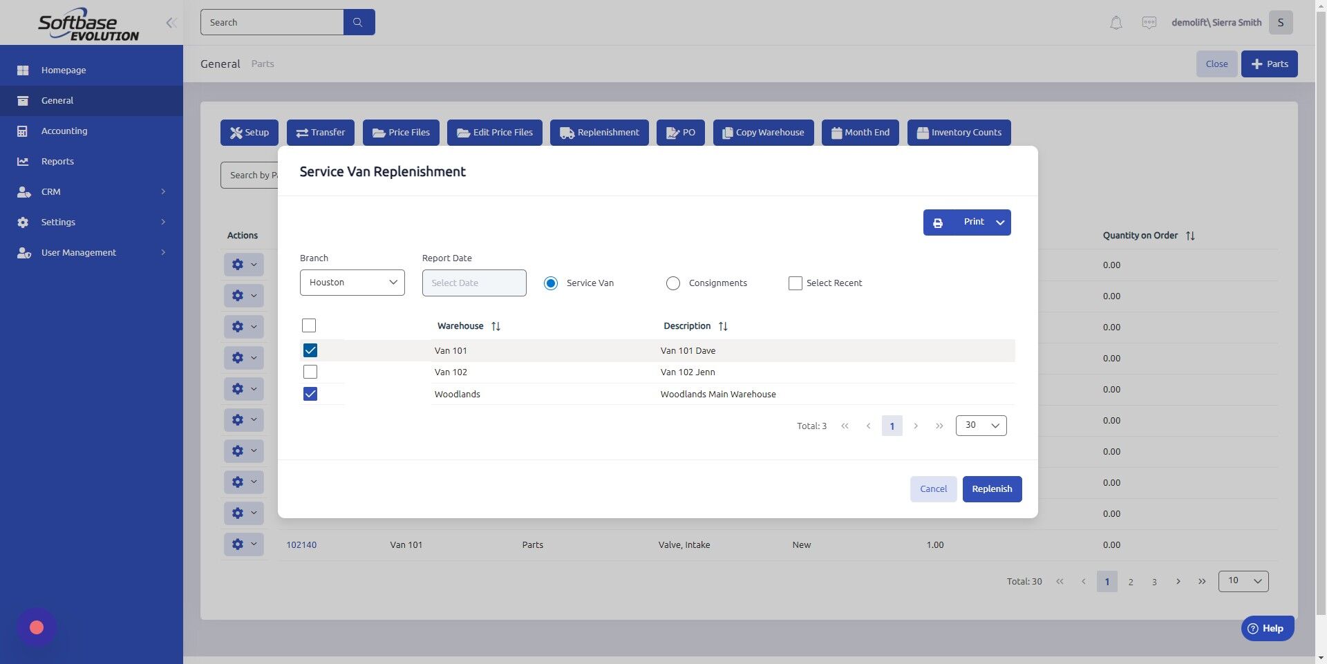 Screenshot of: Depending on what you selected during previous step, a list of Consignments/Service Vans will appear. Select the ones you'd like to replenish.