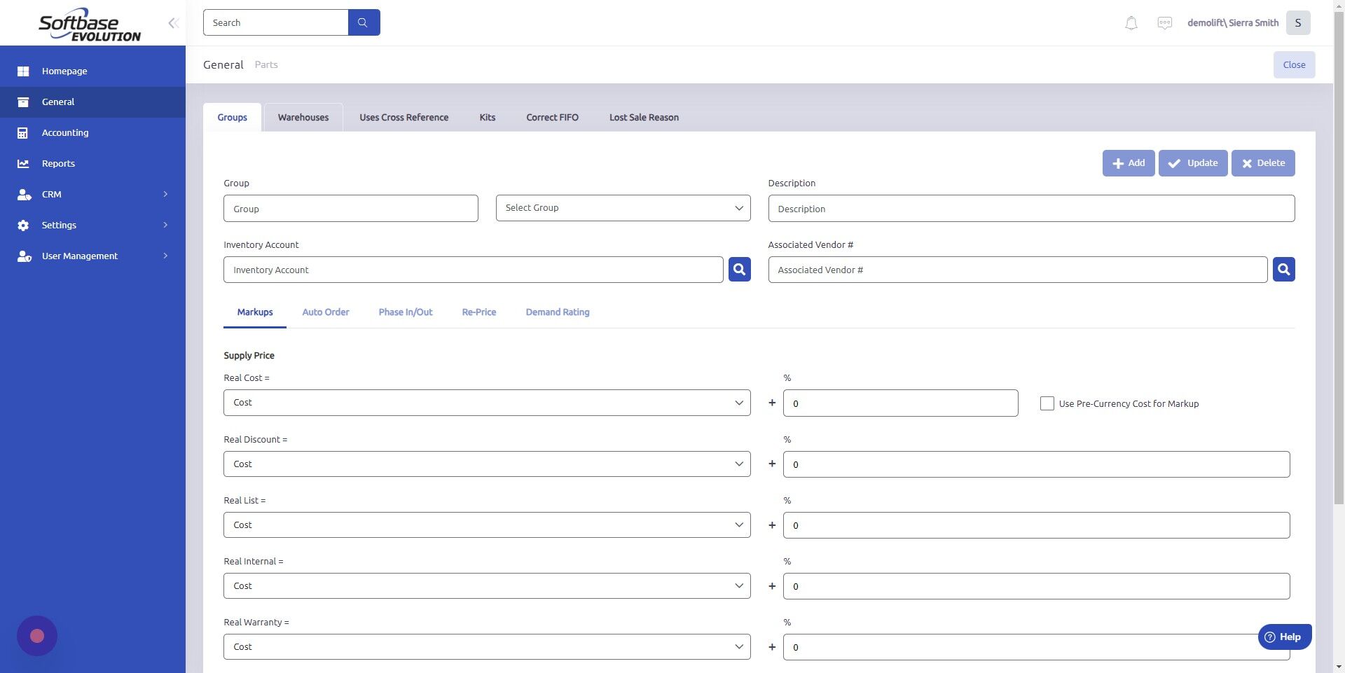 Screenshot of: Click "Warehouses" tab.