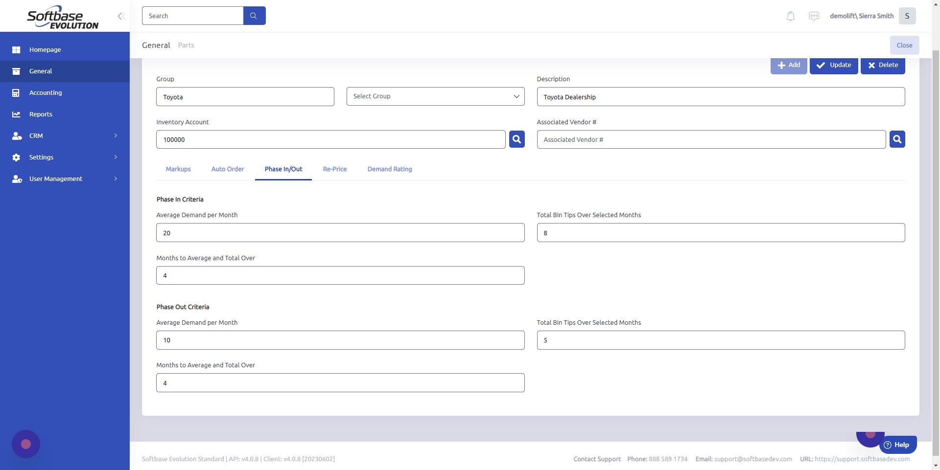 Screenshot of: To set Phase Out criteria, enter values for Average Demand per Month, Total Bin Trips Over Selected Months, and Months to Average and Total Over.