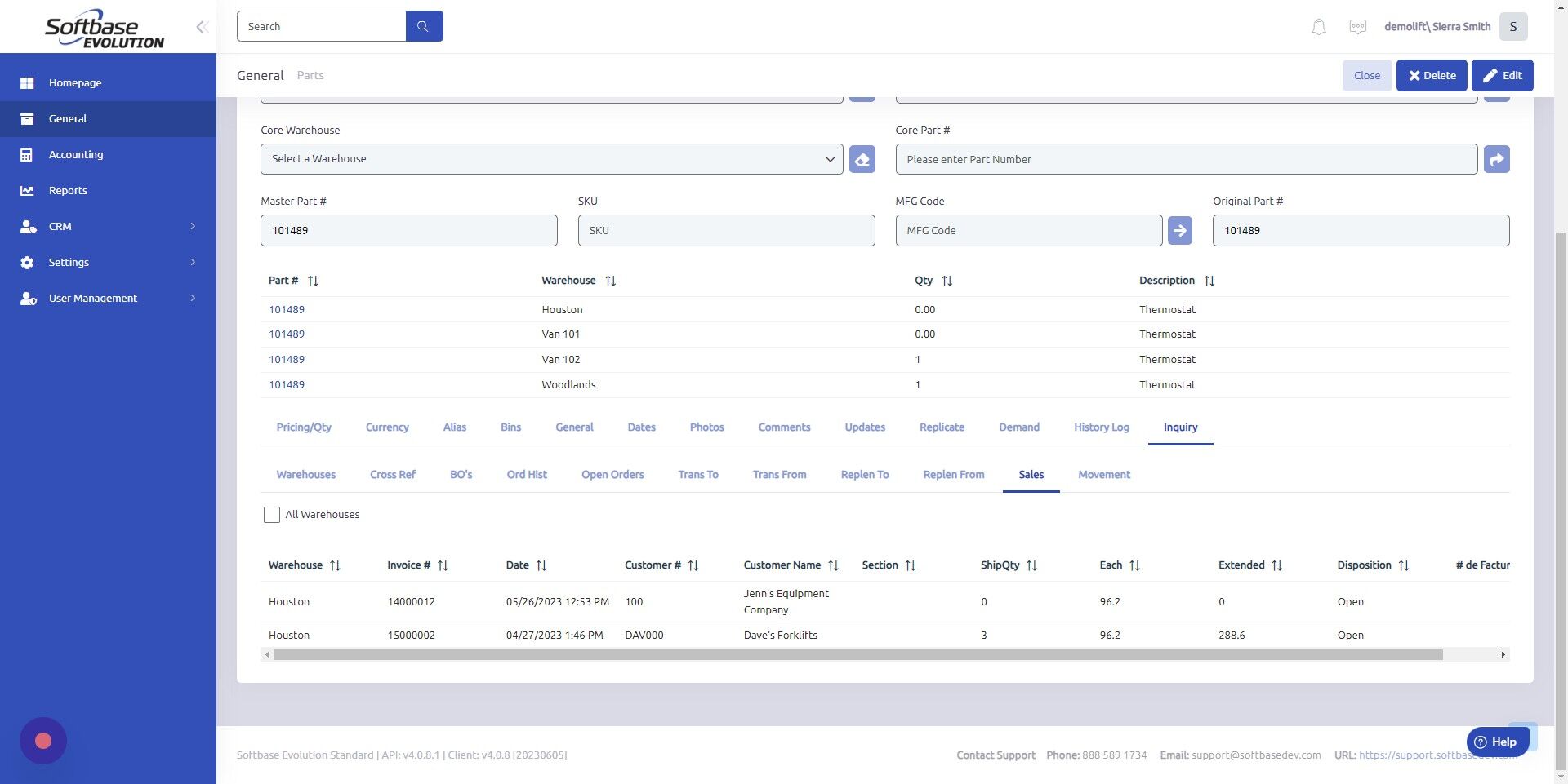 Screenshot of: Sales = status of the part in each warehouse, including: open quote, accepted quote, open work order, or invoiced. 