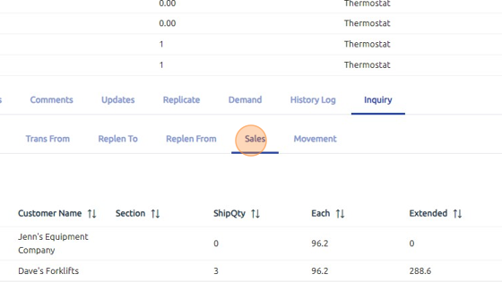 Screenshot of: Sales = status of the part in each warehouse, including: open quote, accepted quote, open work order, or invoiced. 