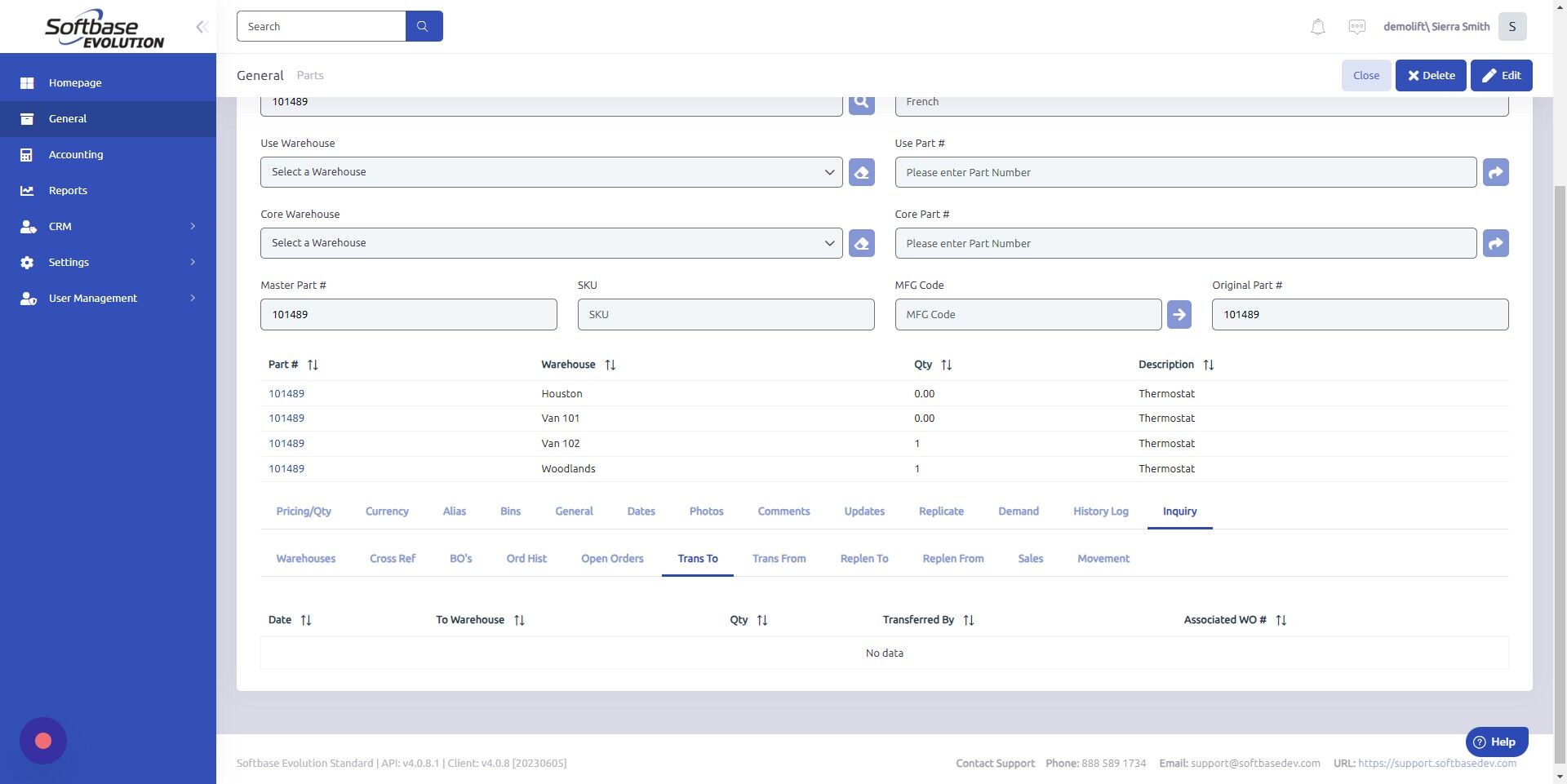 Screenshot of: Trans To = warehouse part was transferred to and associated work order number.