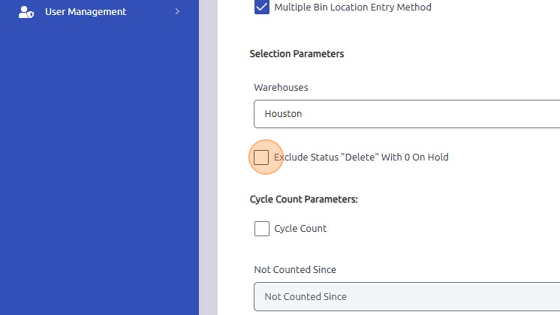 Screenshot of: Check "Exclude Status 'Delete' With 0 On Hand" box if applicable.