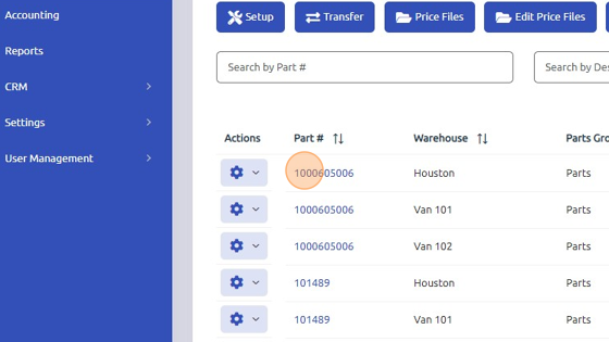 Screenshot of: Select the Part # which you're applying Lost Sale Reason to.