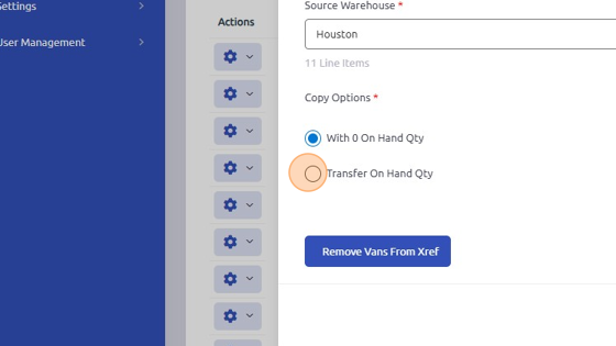 Screenshot of: Select one of these buttons. With 0 On Hand Qty = transfer part information even if there is no quantity available; Transfer On Hand Qty = transfer the amount of parts currently on hand to destination warehouse.