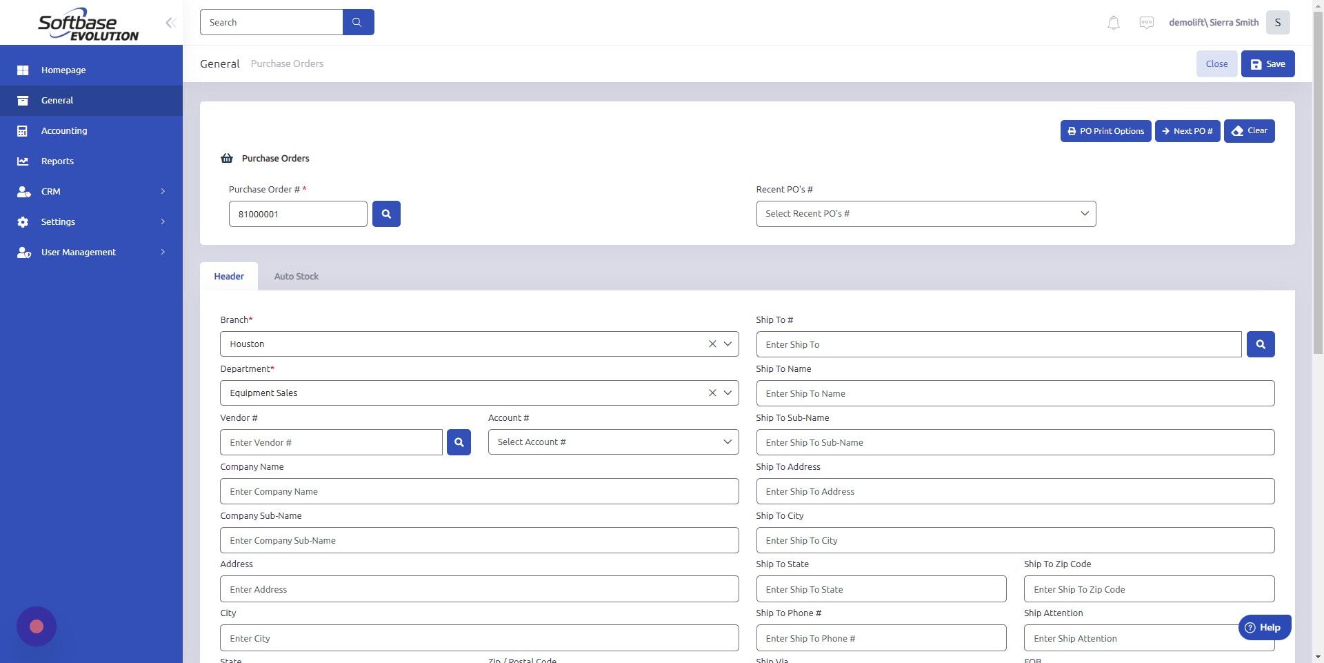 Screenshot of: Click "Save" to create new PO.