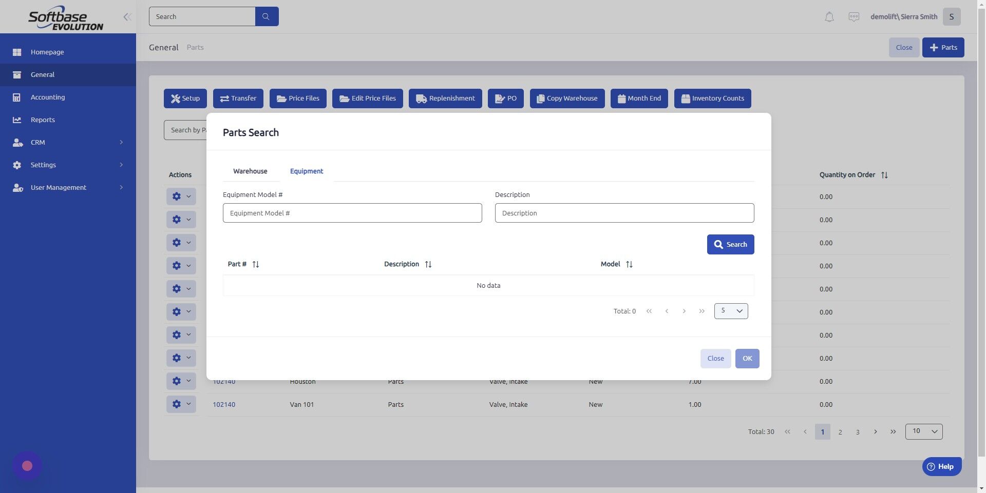 Screenshot of: The Equipment tab allows you to search by Equipment Model # or Description of equipment that the part is associated with on a work order/invoice.