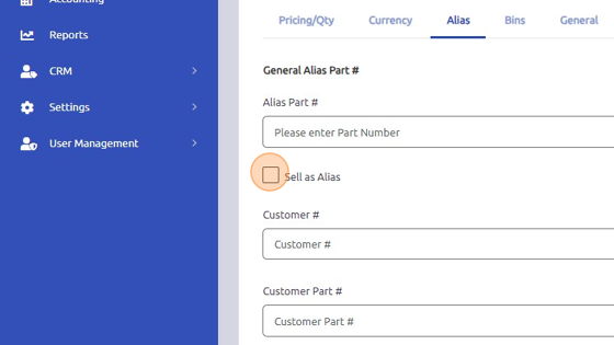 Screenshot of: Enter Alias Part # and then check "Sell as Alias"  box.