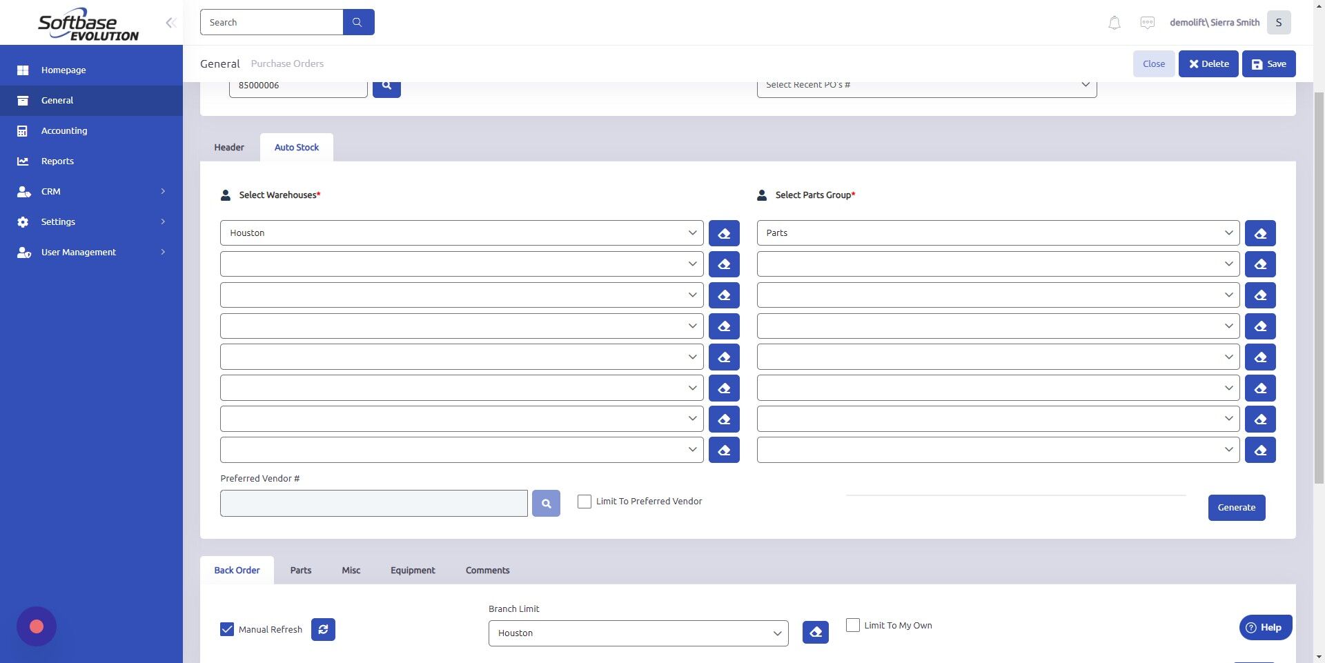 Screenshot of: Click "Generate" to restock the parts for that specific group.