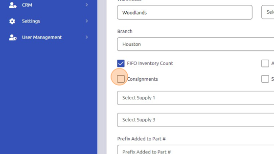 Screenshot of: Consignments = check this box if the Parts are stored and owned by the supplier (replenishment).