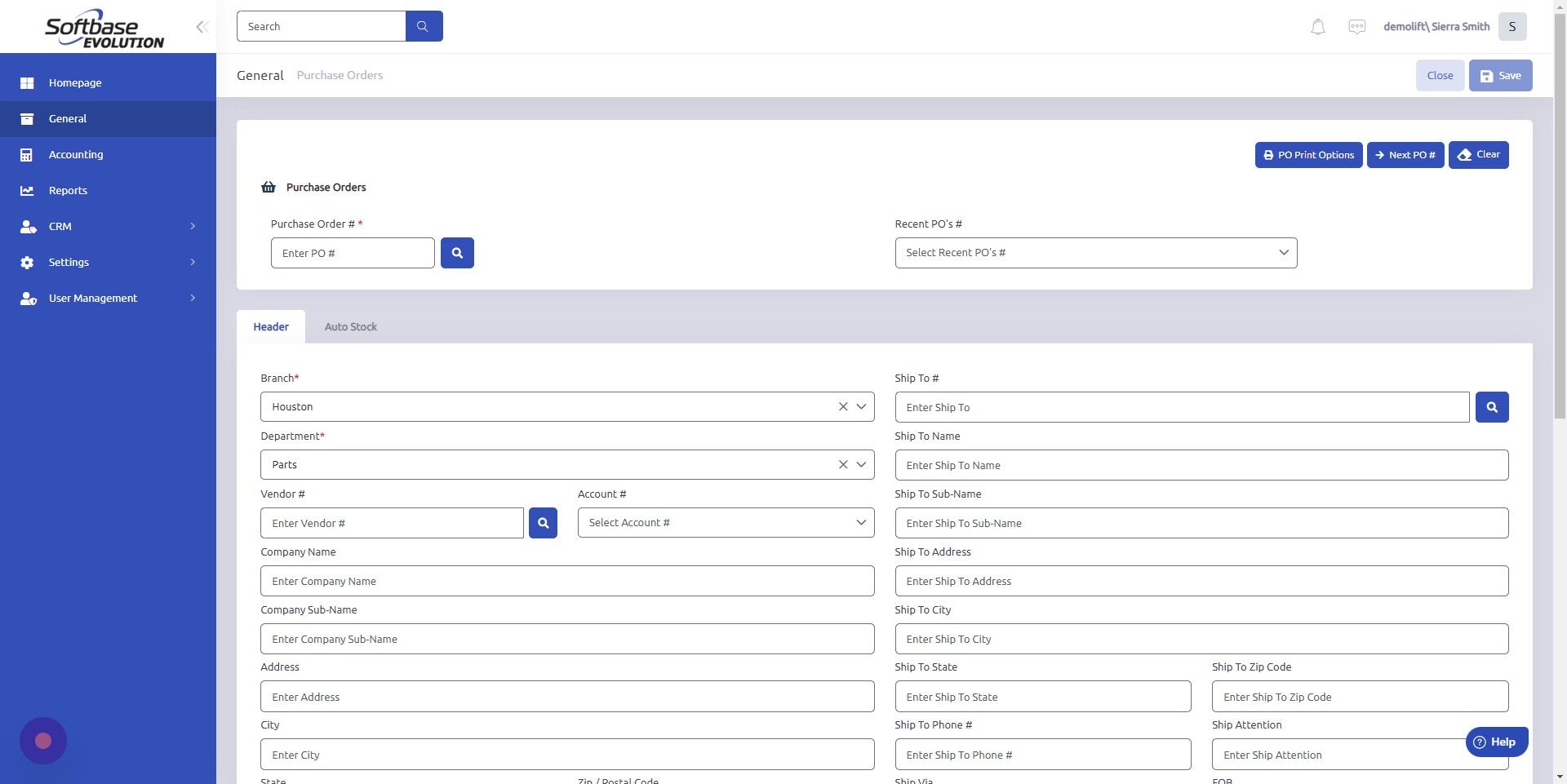 Screenshot of: Click "Next PO #" to generate PO#.