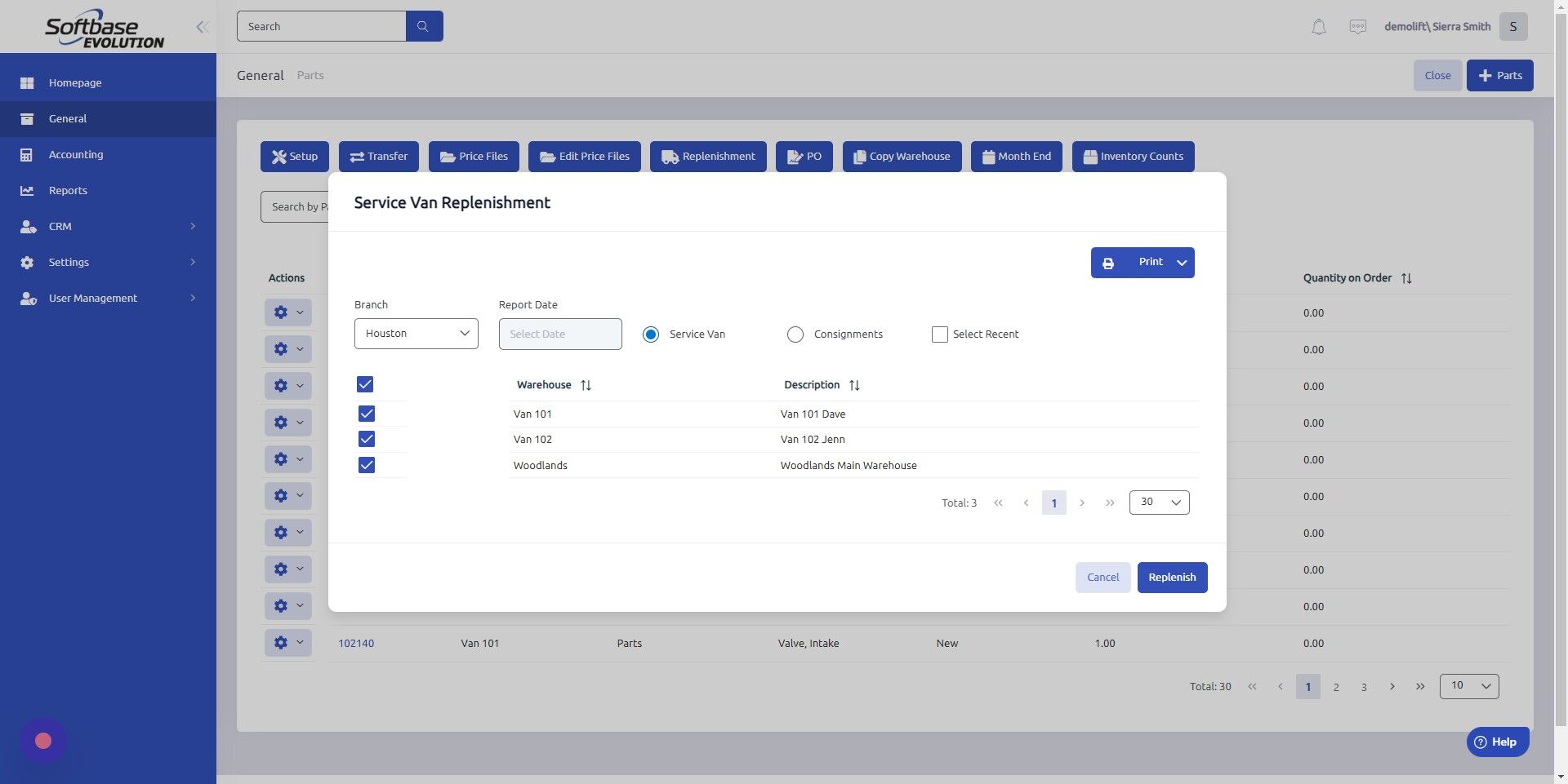 Screenshot of: Select EITHER Service Van or Consignments button.