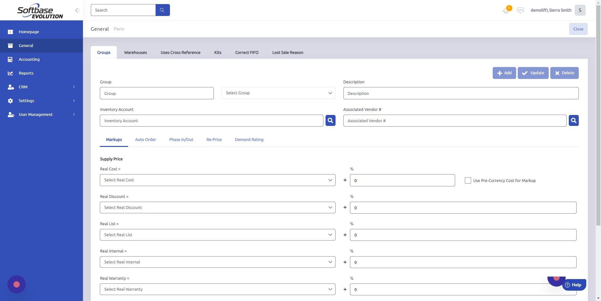 Screenshot of: Select group from dropdown.