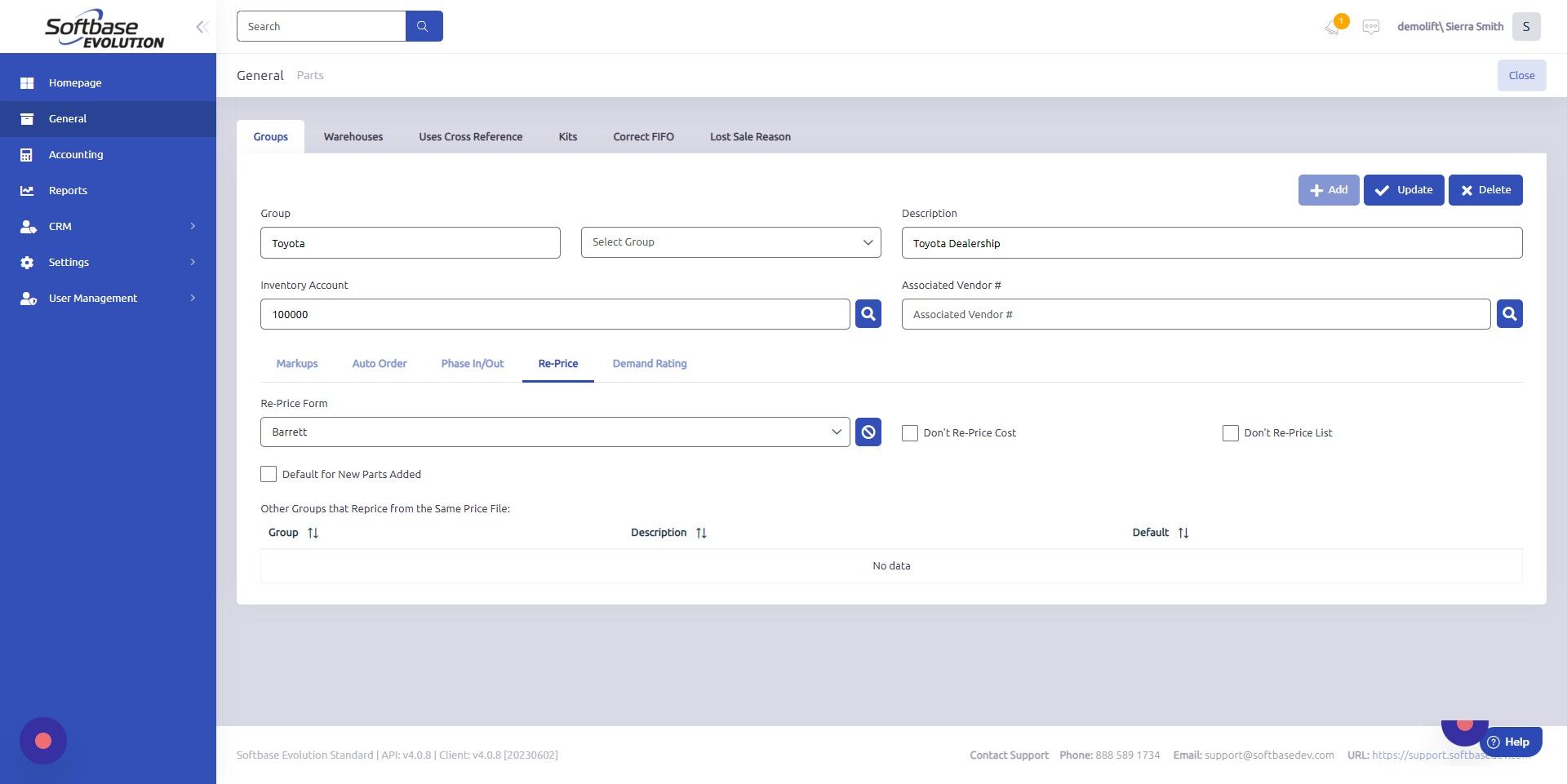 Screenshot of: Click "Update" to save price file.
