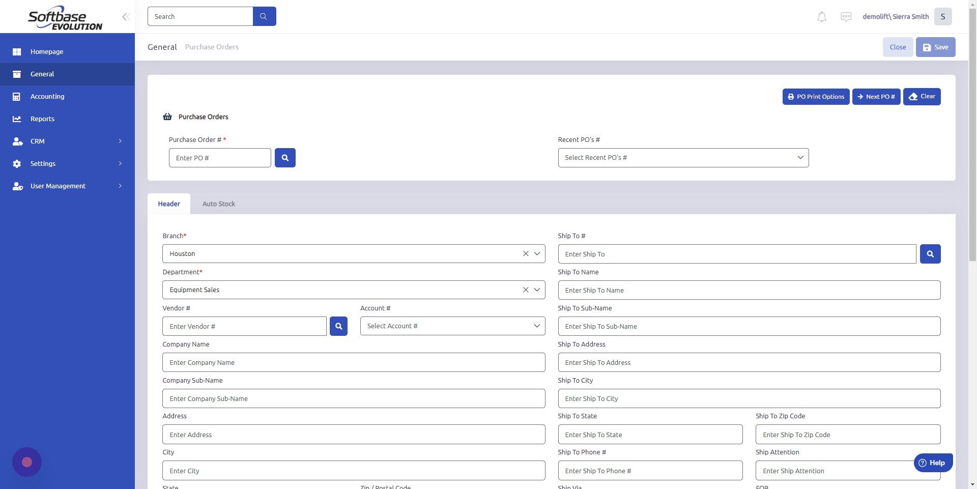 Screenshot of: Click "Next PO #" to generate new Purchase Order #.
