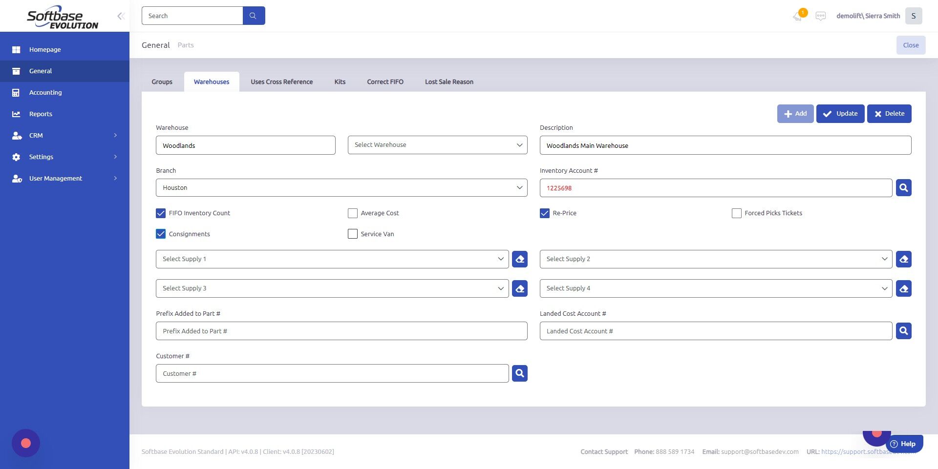 Screenshot of: Service Van = check this box if you want the warehouse to be setup as a service van (replenishment).