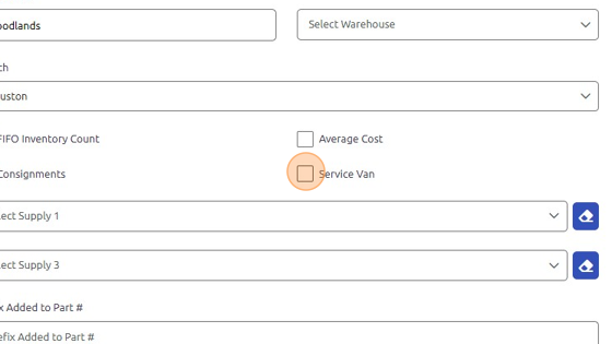 Screenshot of: Service Van = check this box if you want the warehouse to be setup as a service van (replenishment).