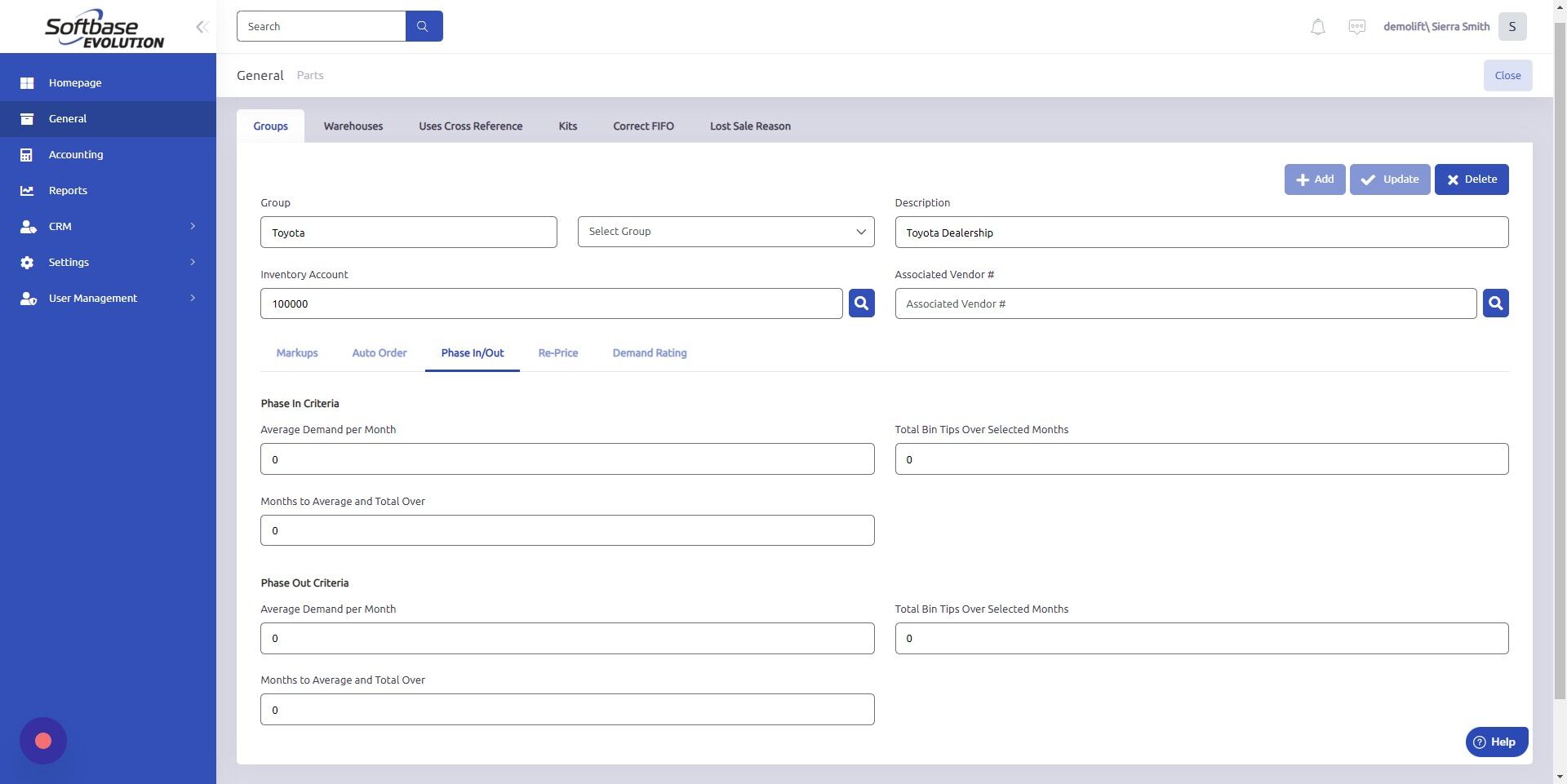 Screenshot of: To set Phase In criteria, enter values for Average Demand per Month, Total Bin Trips Over Selected Months, and Months to Average and Total Over.