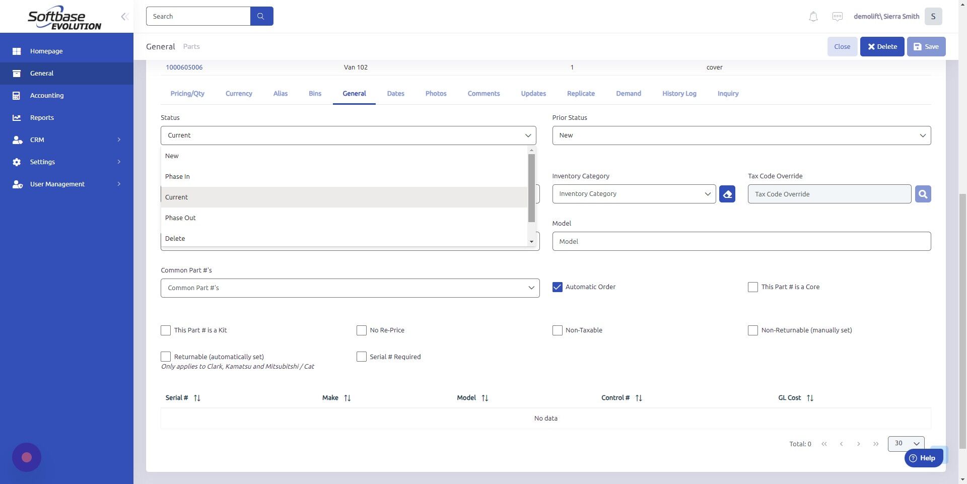 Screenshot of: Select status from dropdown. 