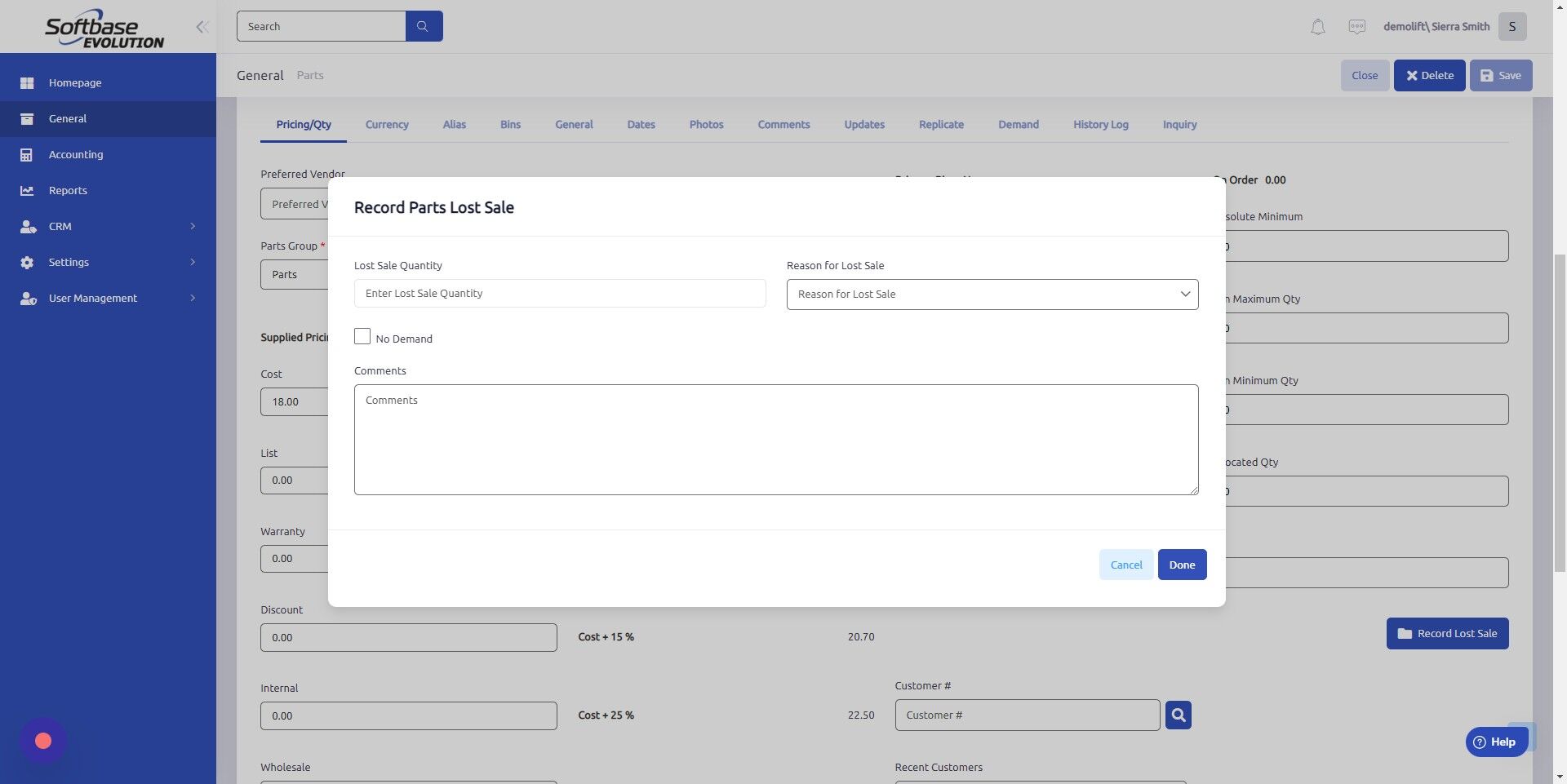 Screenshot of: Enter the Lost Sale Quantity, Reason for Lost Sale, and Comments (optional) and then click Done.