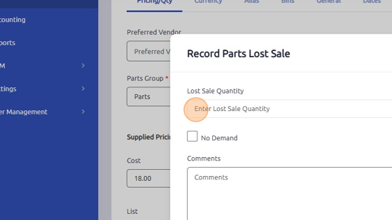 Screenshot of: Enter the Lost Sale Quantity, Reason for Lost Sale, and Comments (optional) and then click Done.