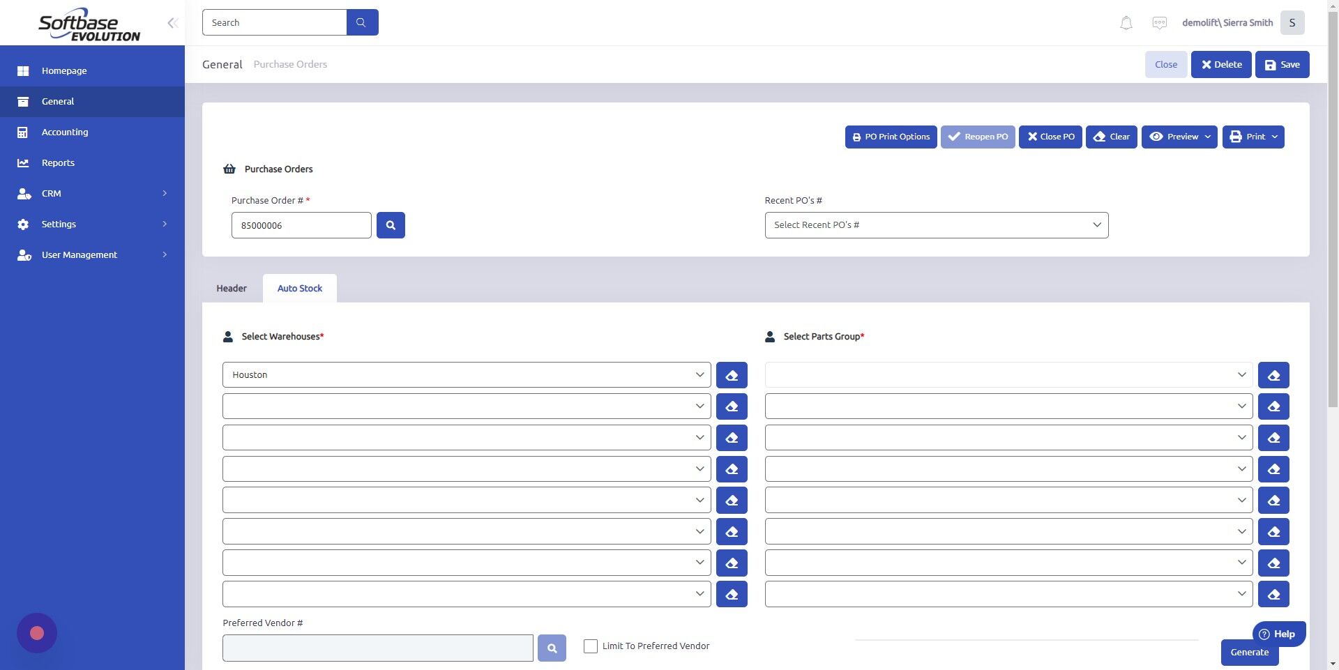 Screenshot of: Select Parts Group from dropdown.