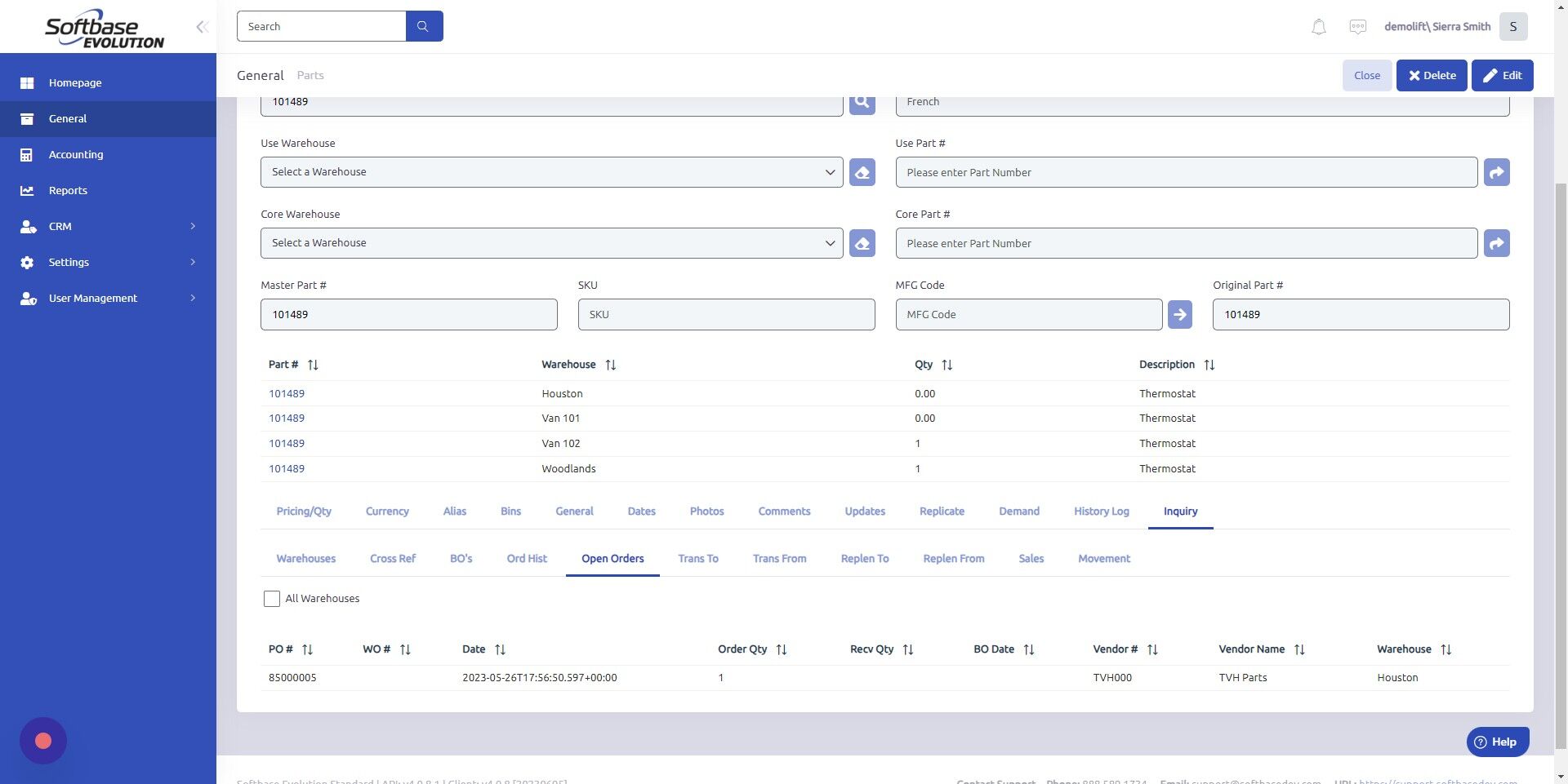 Screenshot of: Open Orders = open work orders associated with the part in the specific warehouse, including: purchase order, back order date, work order, vendor, and associated warehouse.