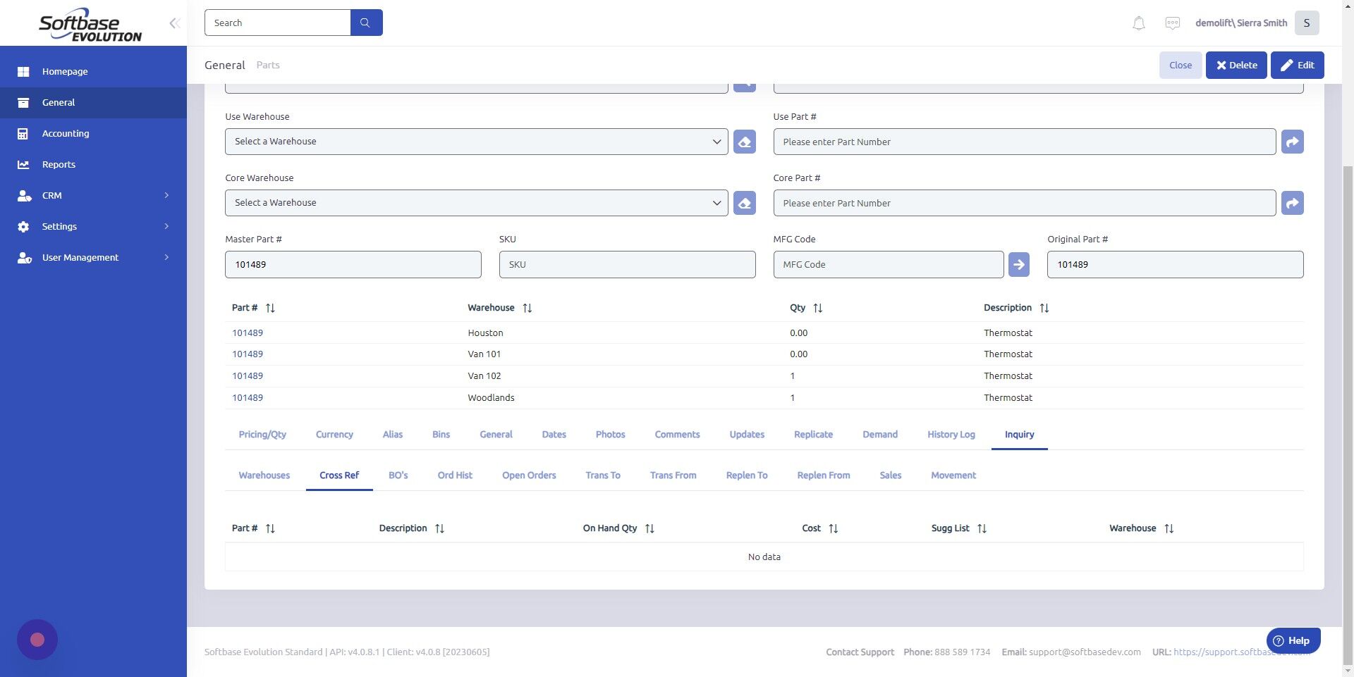 Screenshot of: Cross Ref = cross reference list along with the original part # with the on-hand quantity, cost, suggested list and the warehouse the part exists in.