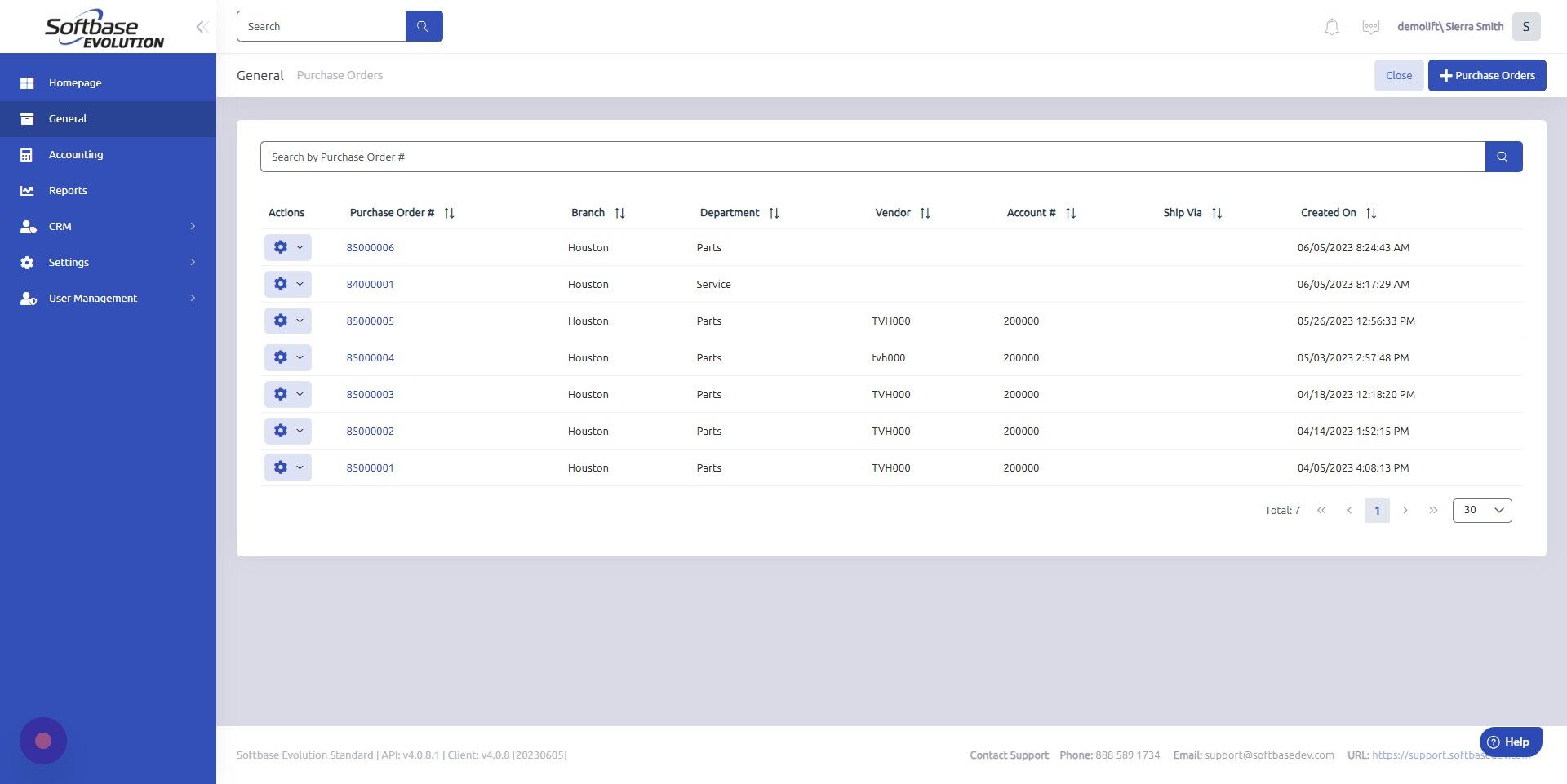Screenshot of: Click "+Purchase Orders" to create a new PO.