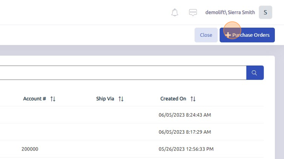 Screenshot of: Click "+Purchase Orders" to create a new PO.