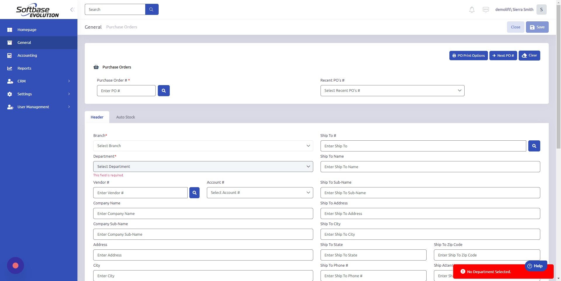Screenshot of: Set Branch and Department of new PO.