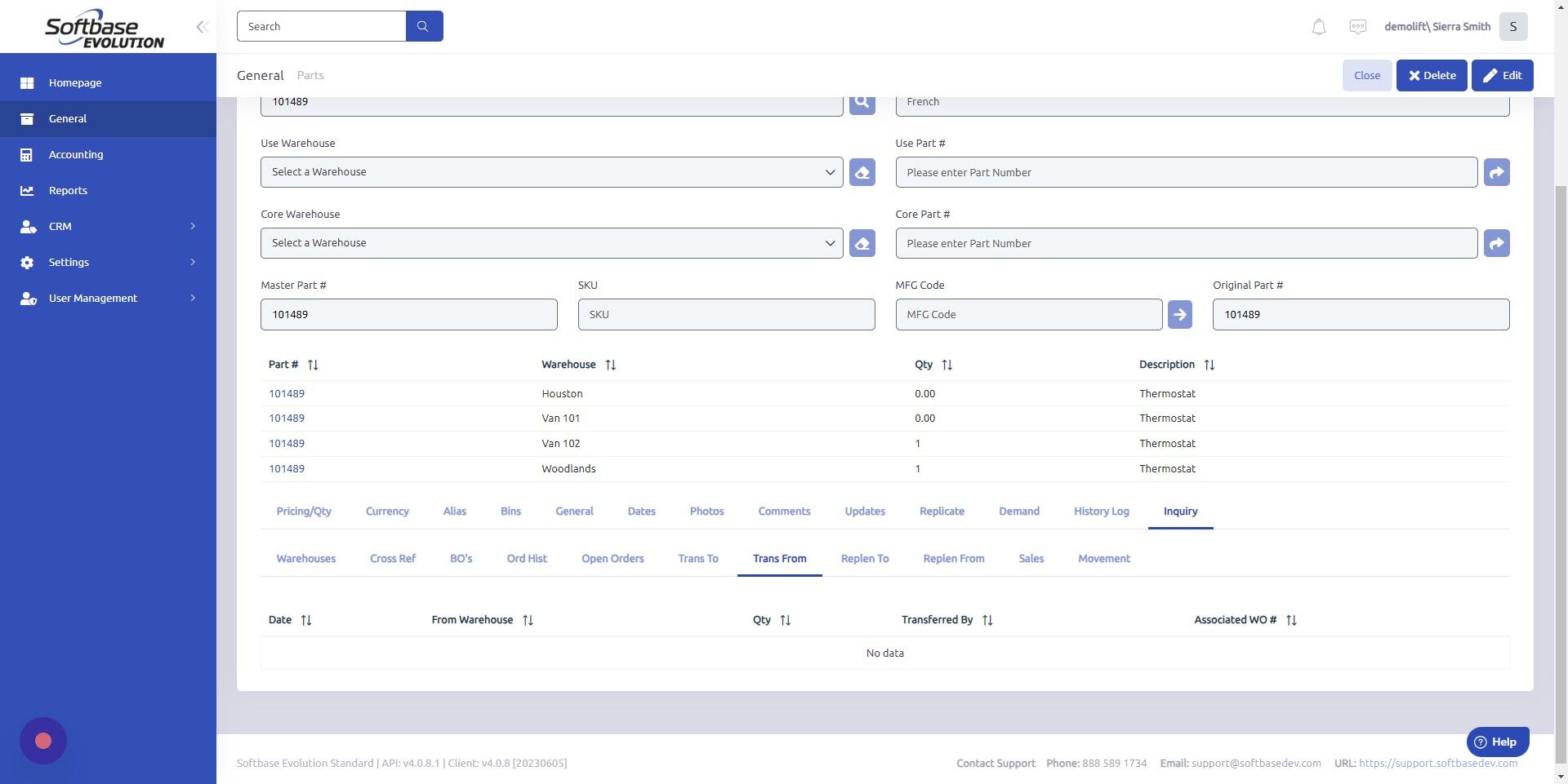Screenshot of: Trans From = warehouse part was transferred from.