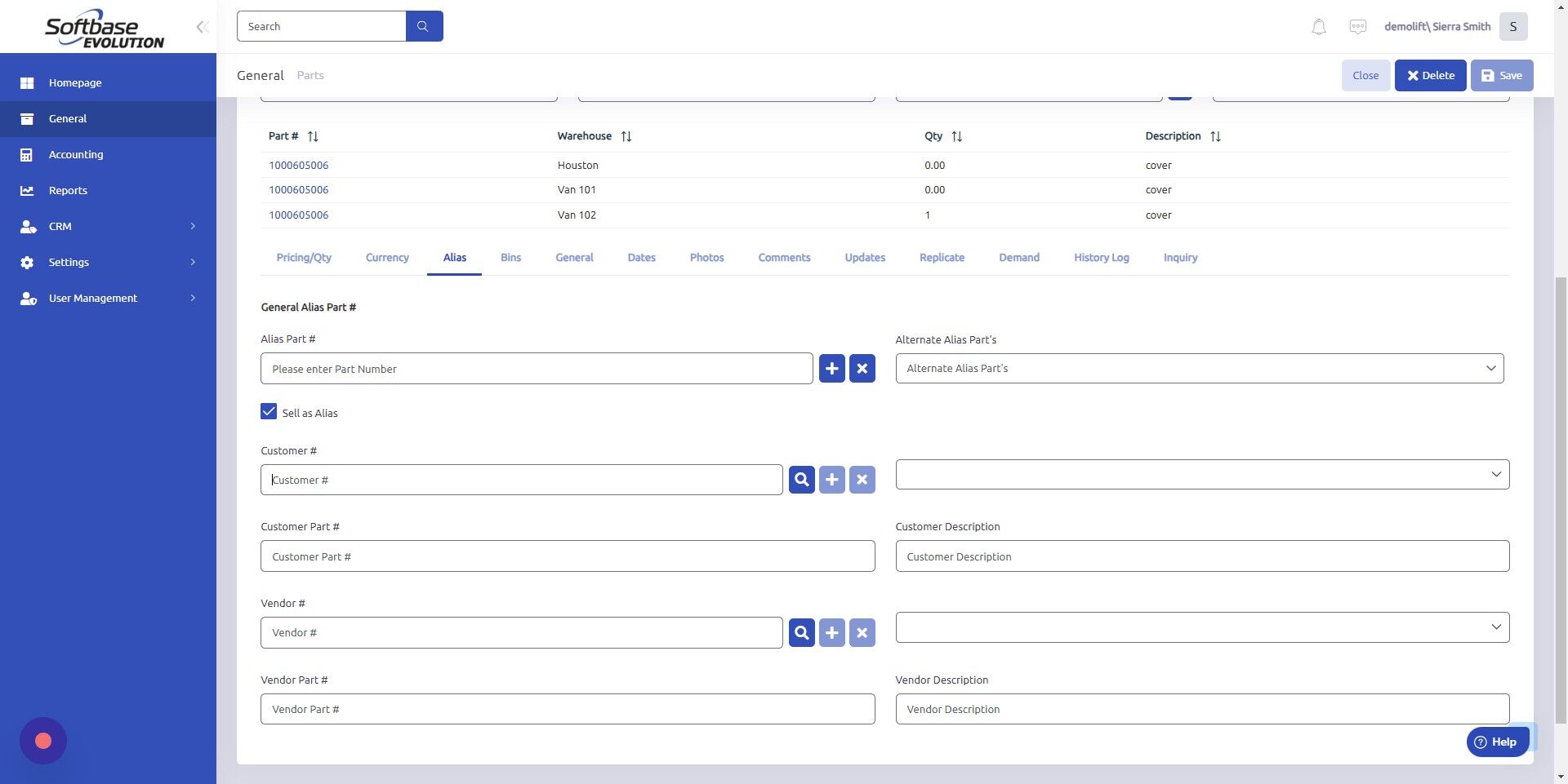 Screenshot of: To sell the Alias part to a specific customer, enter Customer # here.
