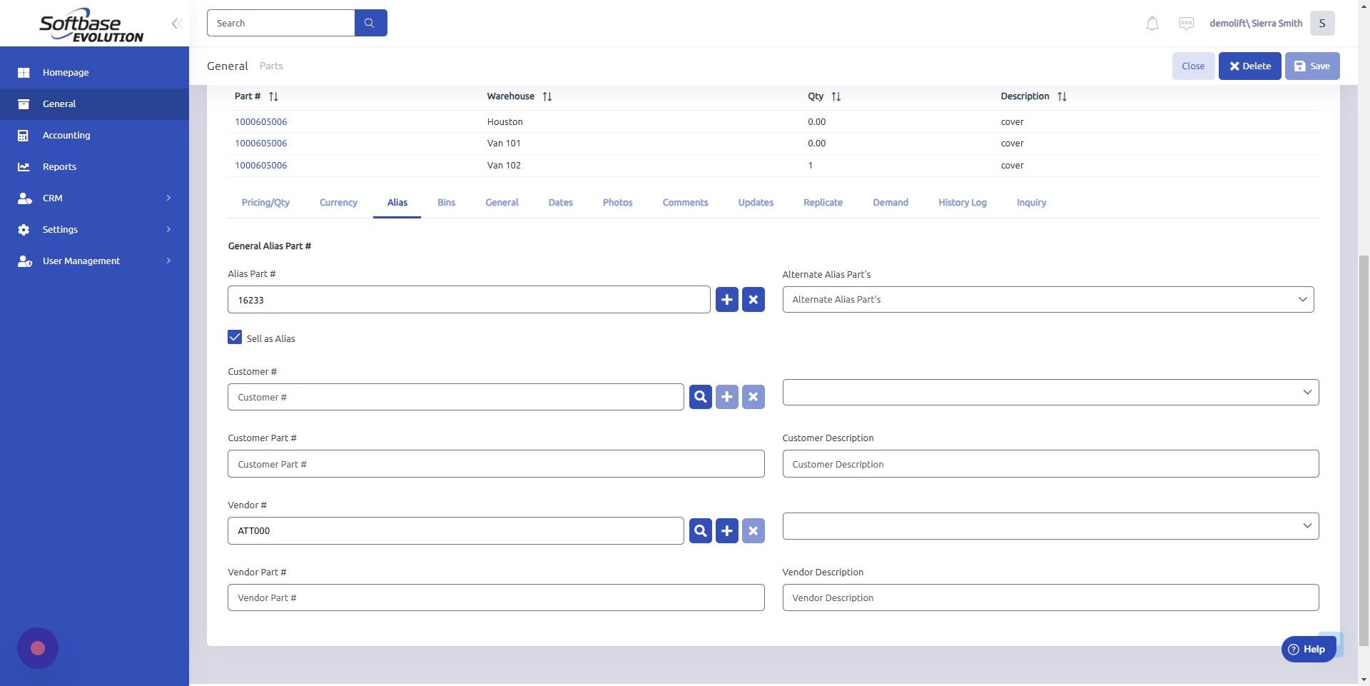 Screenshot of: Enter unique Part # here.