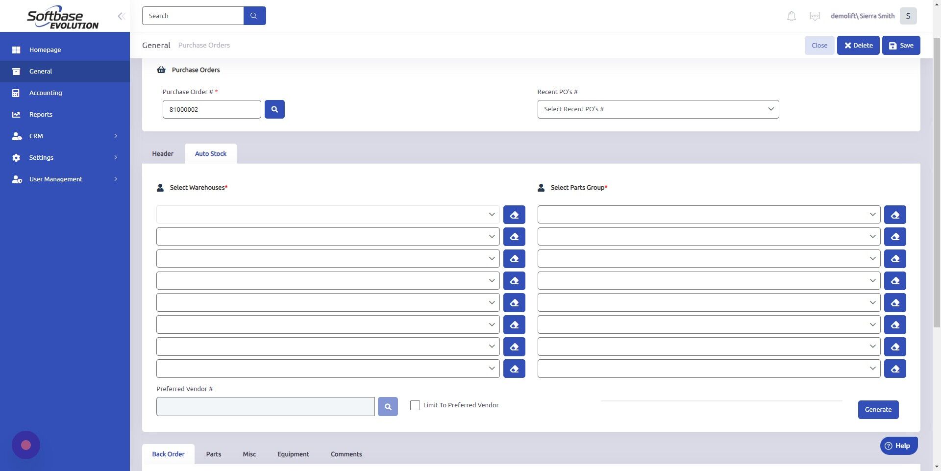 Screenshot of: Select Warehouse and Parts Group from dropdowns.