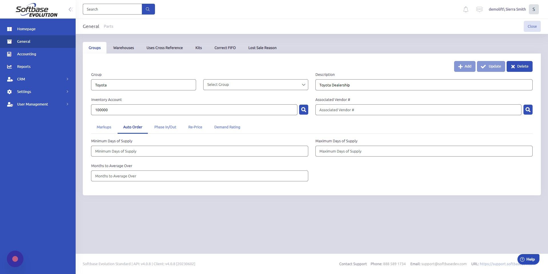 Screenshot of: Enter values for Minimum Days of Supply, Maximum Days of Supply and Months to Average Order.