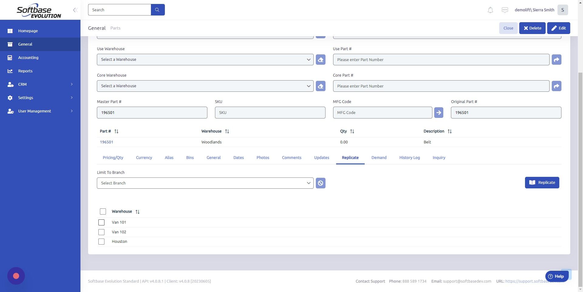 Screenshot of: Check boxes of warehouses you'd like to replicate the part to.