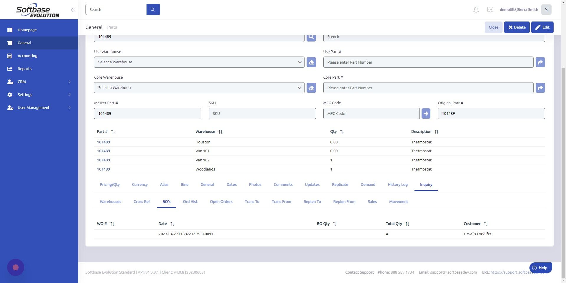 Screenshot of: BO's = back orders that are associated with the part, work orders and dates, back order quantity, and customer associated with work order.