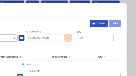 Screenshot of: Select To Warehouse from the dropdown.