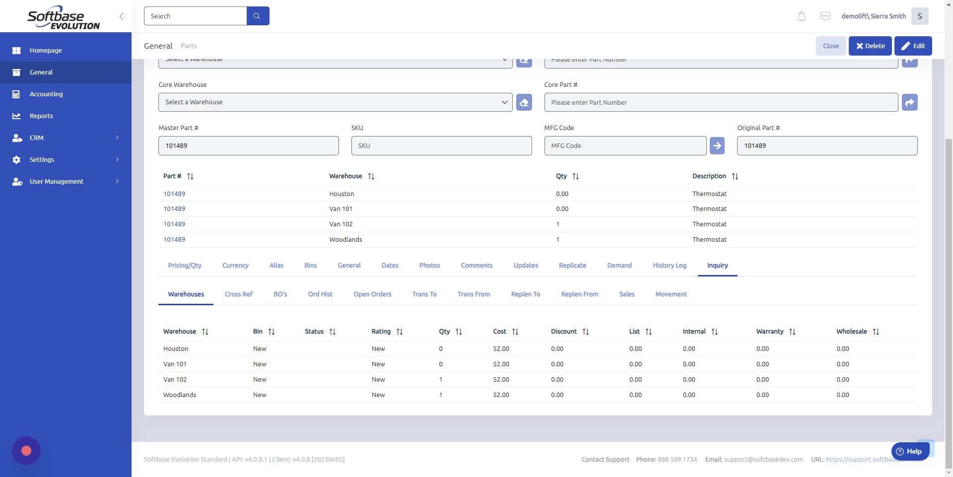 Screenshot of: Warehouses tab = different warehouses the part exists in, the ship quantity of the part in each warehouse with the discount, cost, list, internal, warranty, and wholesale. 