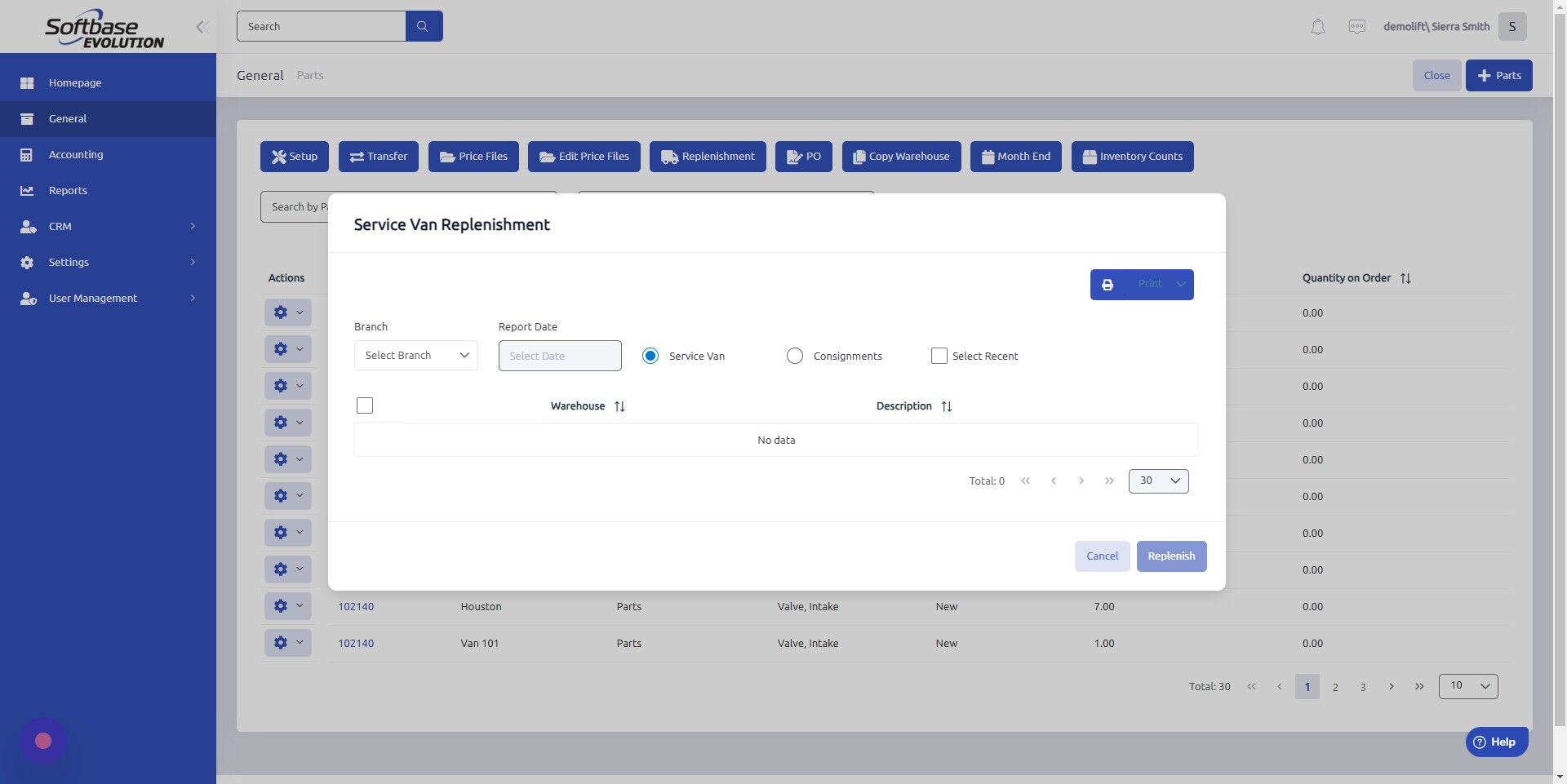 Screenshot of: Select Branch you'd like to replenish from.