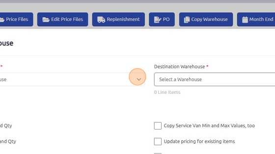 Screenshot of: Select Source Warehouse from the dropdown.