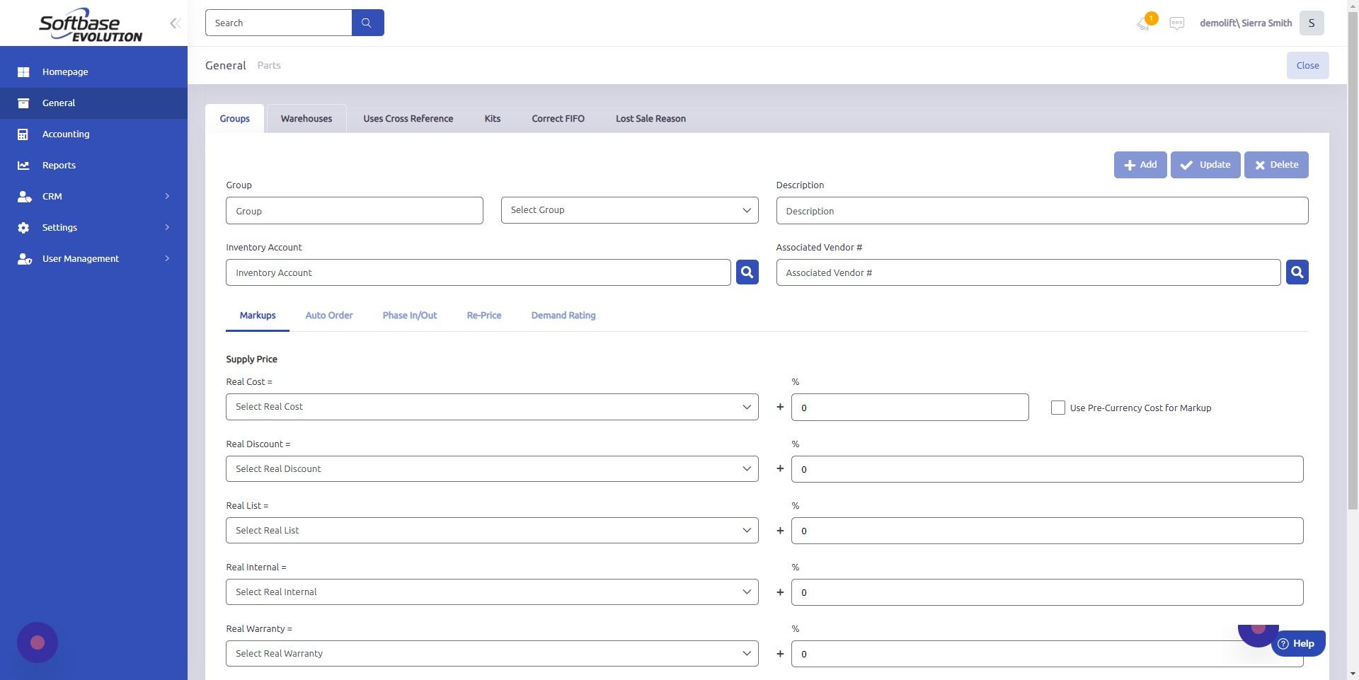Screenshot of: Open "Warehouses" tab.