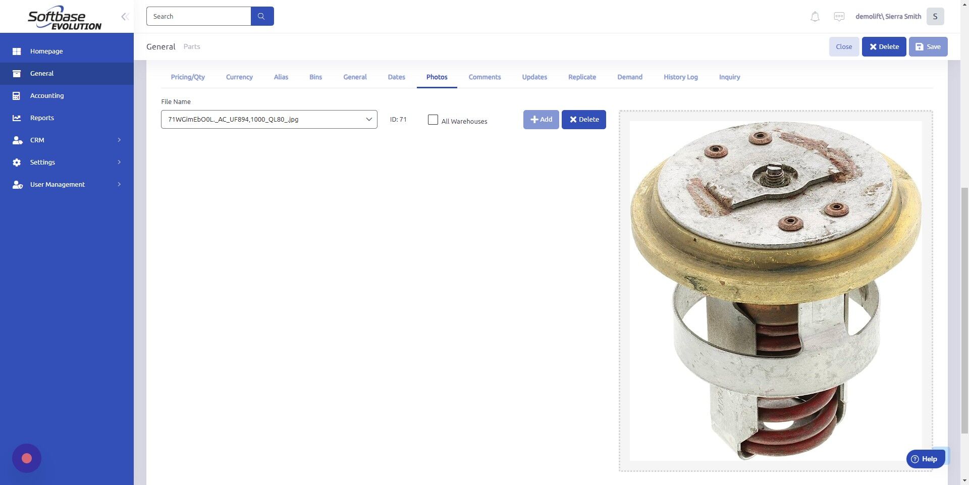 Screenshot of: If you'd like this attachment to appear for this part across all warehouses, check All Warehouses. Note: to view this photo later, you will need to click File Name dropdown and select attachment. 