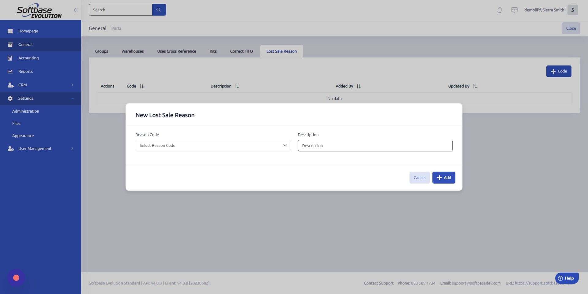 Screenshot of: Enter Reason Code and Description and then click +Add.